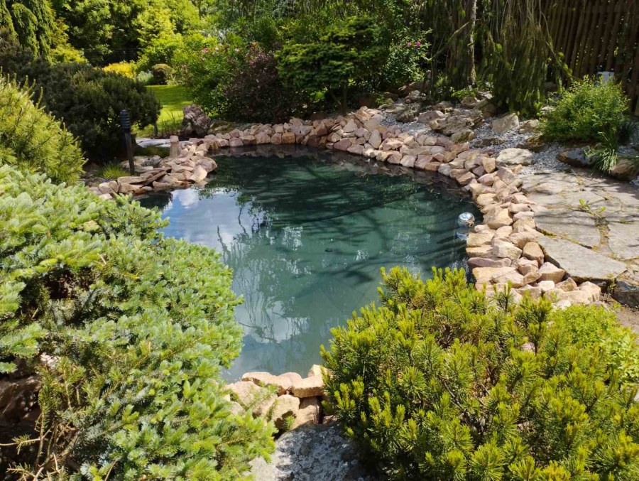 Rekonstrukce okrasného jezírka v Měcholupech.