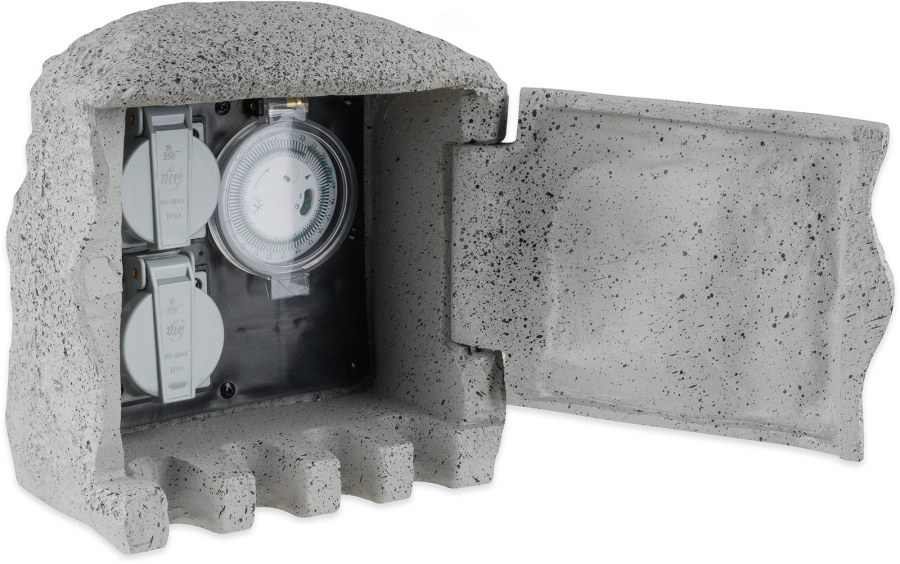 Zahradní sloupek v imitaci kamene (dvojnásobná zásuvka + časovač) - Osvětlení, elektro k jezírku Zahradní sloupky, dálkové ovládání, regulátory