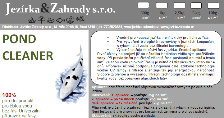 Pond Cleaner - odstraňuje všechny druhy řas (500g na 20m3) - Péče o vodu, údržba jezírek Odstranění vláknité řasy